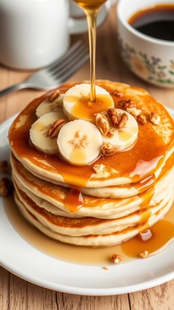 Fluffy banana pancakes topped with syrup and banana slices on a white plate.